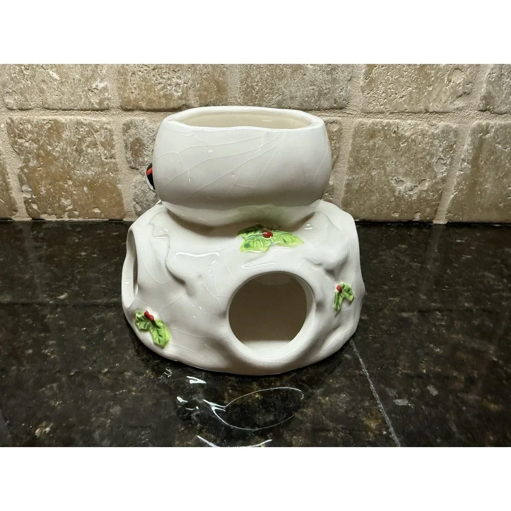 Fitz and Floyd 2013 Holly Hat Snowman Ceramic‎ Tea Light Candle Jar Warmer Rare